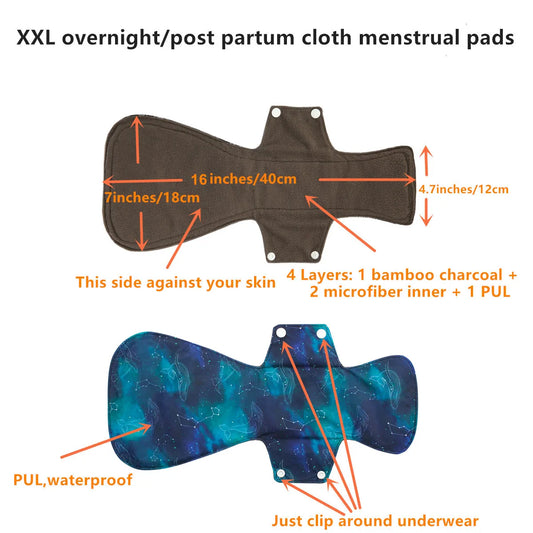 [Sigzagor] Nouvelle serviette hygiénique en tissu XXL en charbon de bambou réutilisable pour la nuit après l'accouchement 16 pouces