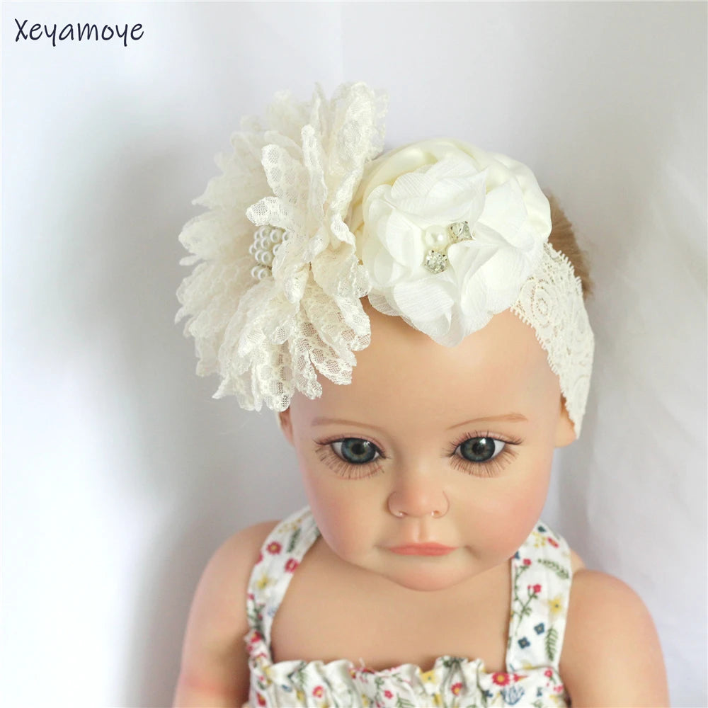 Baby Birthday Headband Photo Props Headwear Chiffon Flower with Diamond Lace Wide Headband for Baby Girls Headwrap Infant Turban
