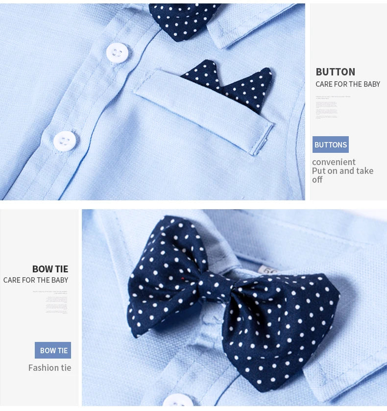 Ensemble de vêtements pour nouveau-né garçon, couleur unie, avec nœud, costume formel pour tout-petits, barboteuse bleu ciel d'été + short blanc, vêtements pour bébé