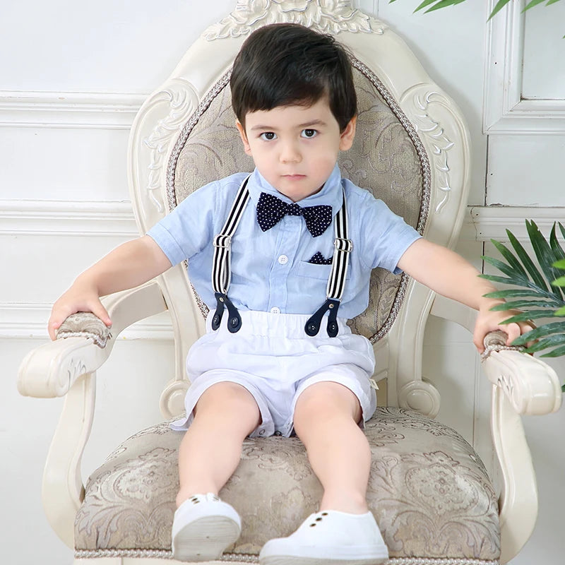 Ensemble de vêtements pour nouveau-né garçon, couleur unie, avec nœud, costume formel pour tout-petits, barboteuse bleu ciel d'été + short blanc, vêtements pour bébé
