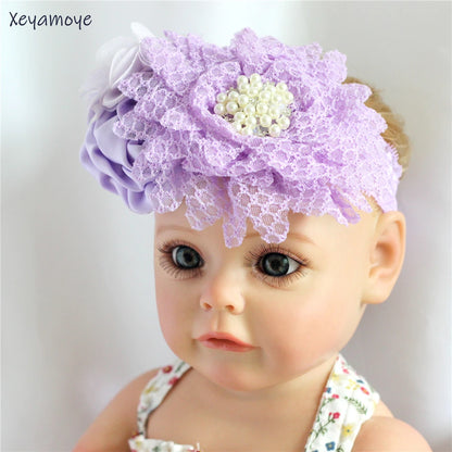 Baby Birthday Headband Photo Props Headwear Chiffon Flower with Diamond Lace Wide Headband for Baby Girls Headwrap Infant Turban