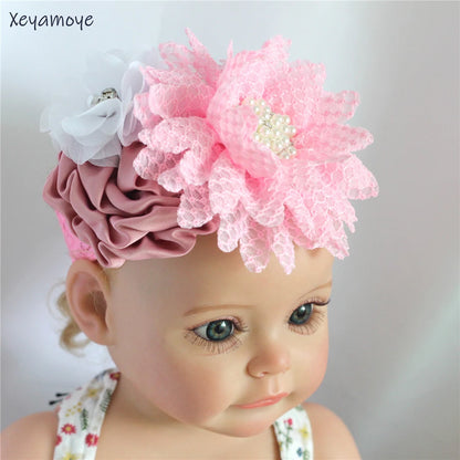 Baby Birthday Headband Photo Props Headwear Chiffon Flower with Diamond Lace Wide Headband for Baby Girls Headwrap Infant Turban