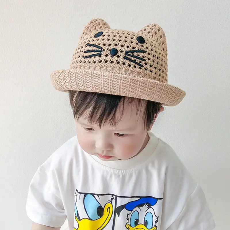 Summer Baby Straw Hat Cute Cat Ear Infant Toddler Mesh Breathable Bucket Hat Outdoor Beach Boy Girl Panama Sun Cap