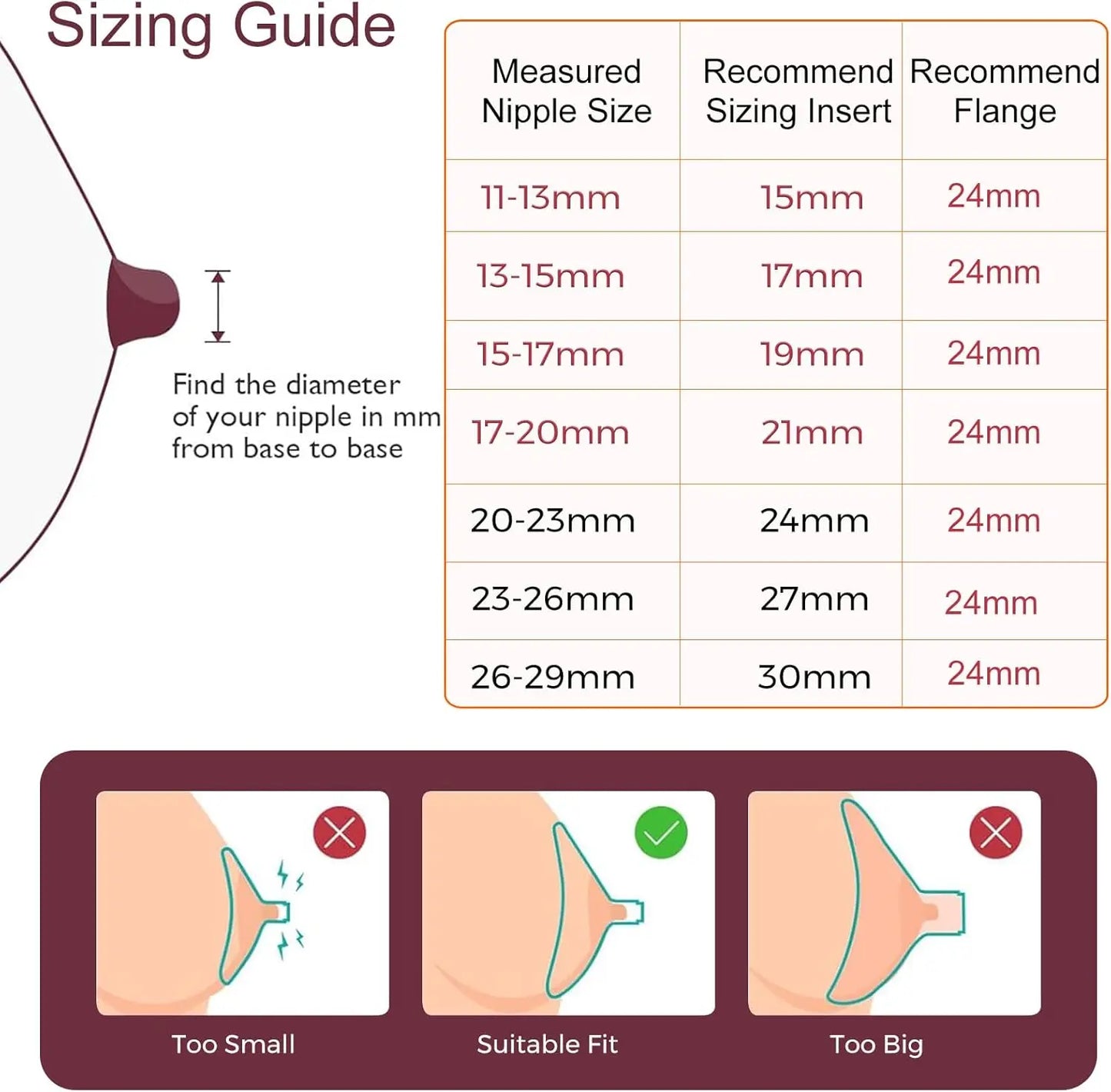 Inserts de bride compatibles avec les protections/brides Medela/Spectra/Elvie/Momcozy/XIMYER/YOUHA 24 mm. Réduire 24 mm à une autre taille.