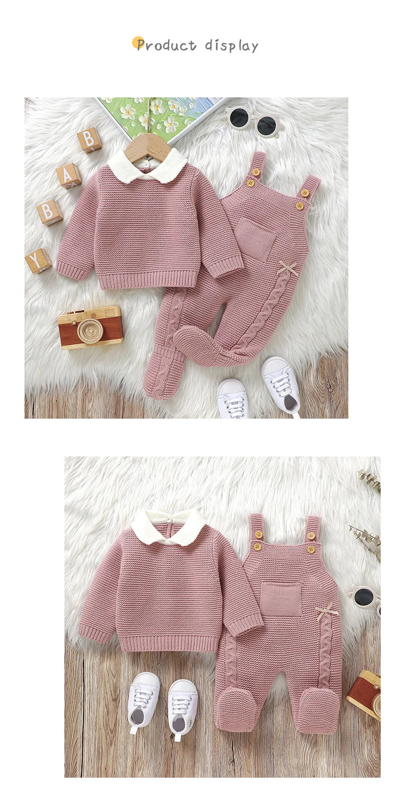 Ensemble de vêtements d'automne pour bébé, pull en tricot à manches longues + barboteuse sans manches pour nouveau-né + combinaison pour les pieds (0-9 mois)