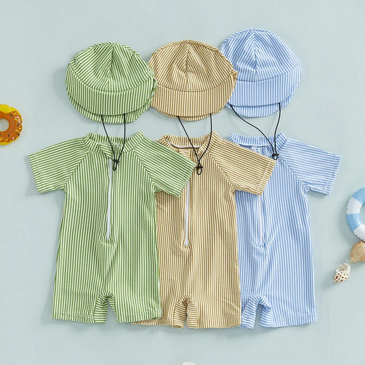 Maillots de bain d'été pour bébés garçons, imprimés rayés, fermeture éclair, col rond, manches courtes, combinaisons anti-éruption cutanée, chapeaux, maillots de bain