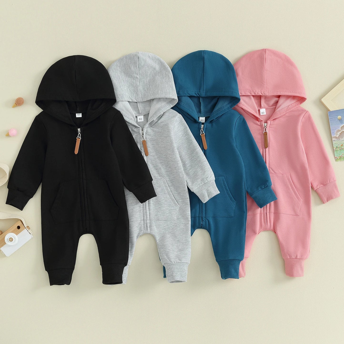 Combinaison Pudcoco pour nouveau-né, manches longues, capuche, fermeture éclair, couleur unie, pour garçons et filles de 0 à 12 mois