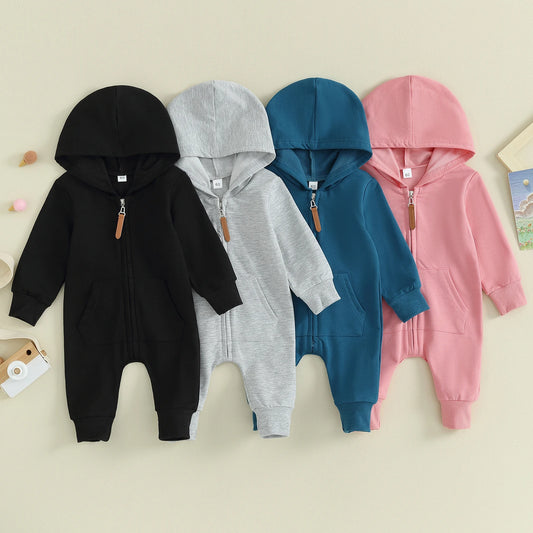 Combinaison Pudcoco pour nouveau-né, manches longues, capuche, fermeture éclair, couleur unie, pour garçons et filles de 0 à 12 mois