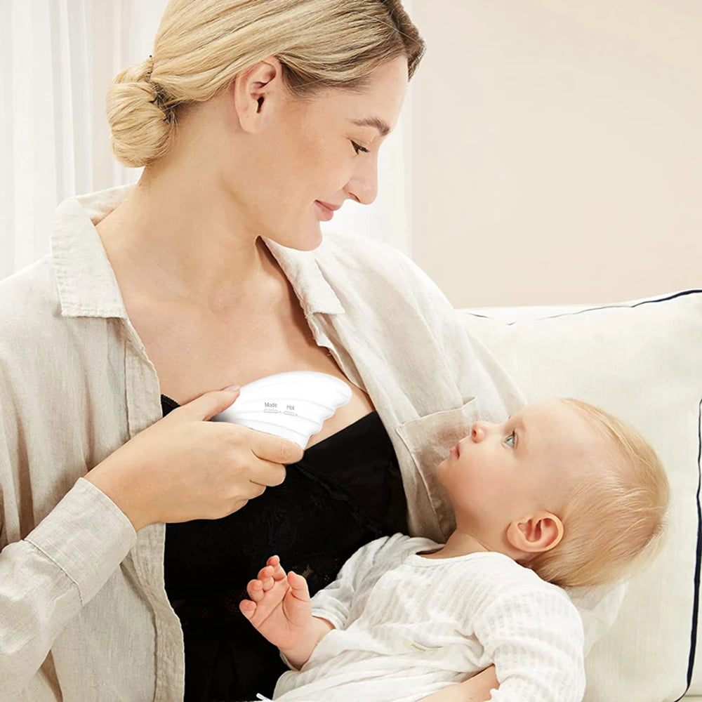 Masseur d'allaitement chauffant, masseur électrique en silicone souple pour les seins obstrués, améliore le flux de lait post-partum.