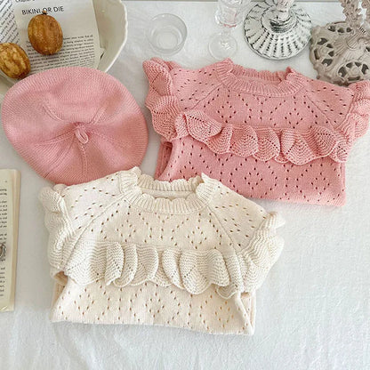 Body tricoté pour nouveau-né fille, couleur unie, ajouré, manches longues, automne, printemps, combinaison tricotée pour bébé fille