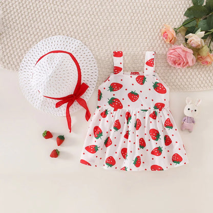 Ensemble robe et chapeau d'été pour bébé fille, 2 pièces, robe décontractée à petits pois ronds, imprimé fraise, nœud sur le devant, pour tous les jours