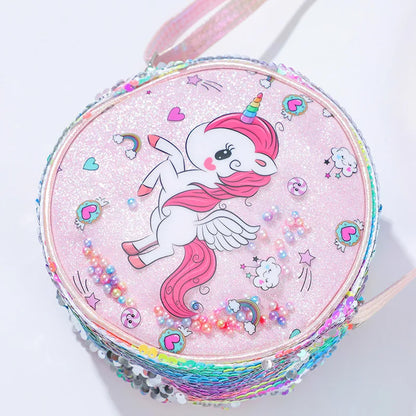 Kids Accessories Summer Lovely Kids Girls Sequin Crossbody Bag 3 Colors Cartoon Printed Round Shoulder Bag with Adjustable Strap