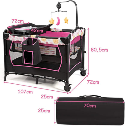 4-in-1 Folding Travel Cot & Cot & Changing Table & Playpen, 2 Levels Baby Bed Height Adjustable with Carry Bag, Mattress