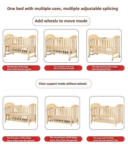 2025 New Baby Comfortable Sleeping Bed Solid Wood Newborn Baby Bed Multifunctional Baby Rocking Bed with Wheels and Mosquito Net