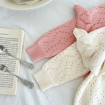 Body tricoté pour nouveau-né fille, couleur unie, ajouré, manches longues, automne, printemps, combinaison tricotée pour bébé fille