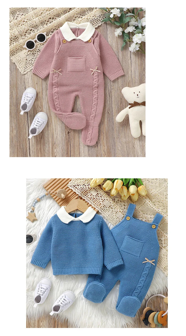 Ensemble de vêtements d'automne pour bébé, pull en tricot à manches longues + barboteuse sans manches pour nouveau-né + combinaison pour les pieds (0-9 mois)