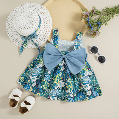 (Robe 2 pièces) Ensemble de robes d'été pour filles, imprimé floral + chapeau, nœud, ruban, licou, robe de princesse douce, robe d'équipe de fête d'anniversaire