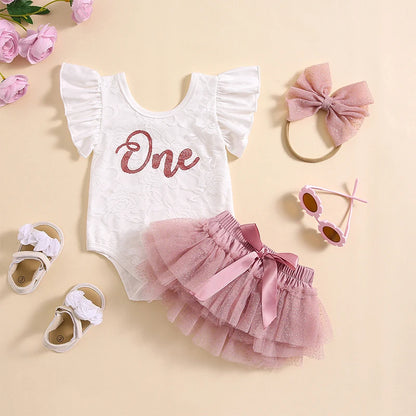 Pudcoco Tenue d'été pour bébé fille avec manches à volants et imprimé lettres, barboteuse en dentelle, jupe tutu et bandeau, vêtements pour nouveau-né