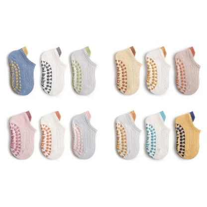 Lot de 3 paires de chaussettes d'été pour bébé, couleur unie, antidérapantes, en silicone, en maille respirante, fines, pour l'intérieur