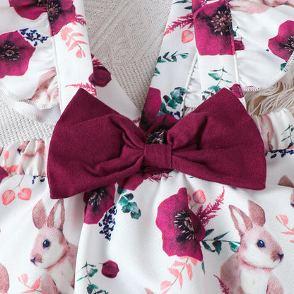 Ensemble d'été pour bébé fille, combinaison couleur unie, jupe à bretelles imprimée lapin et bandeau, pour bébés filles de 0 à 18 mois
