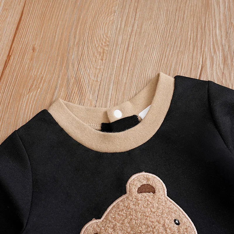 Body bébé à manches longues et courtes brodé en peluche pour garçons et filles, motif ours en peluche mignon, printemps et automne