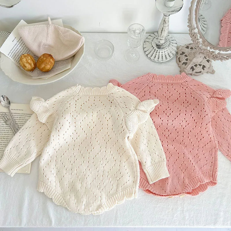 Body tricoté pour nouveau-né fille, couleur unie, ajouré, manches longues, automne, printemps, combinaison tricotée pour bébé fille