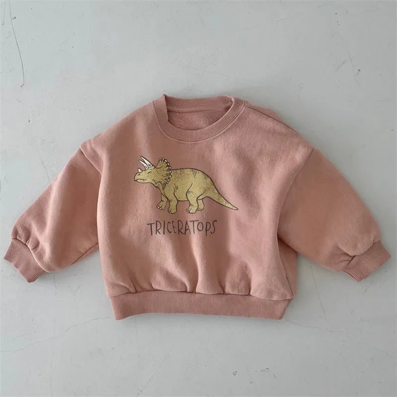 Winter Baby Girls Boys Fleece Velvet Warm Long Sleeve Tops Spring Kids Sweatershirt Dinosaur Print Hoodies