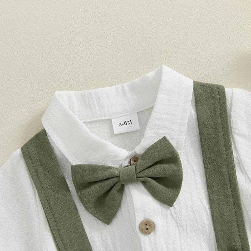 Ensemble 3 pièces pour bébé garçon, barboteuse à manches courtes et col à revers, couleur unie, avec short à bretelles et nœud papillon
