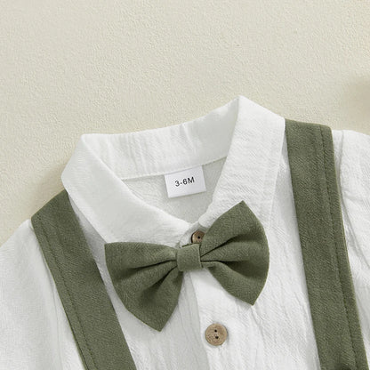 Ensemble 3 pièces pour bébé garçon, barboteuse à manches courtes et col à revers, couleur unie, avec short à bretelles et nœud papillon
