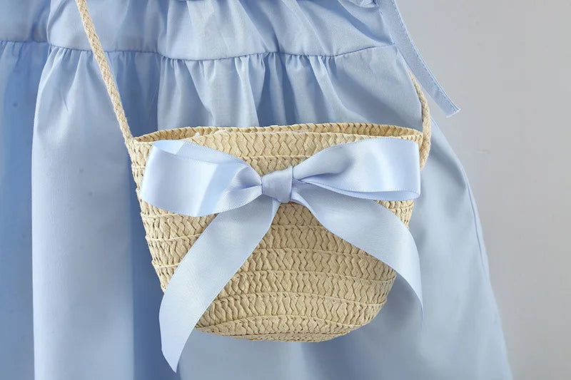 Robe d'été pour bébé fille, tenue de plage, style coréen, simple, bleue, sans manches, pour enfant, paquet gratuit (9 mois à 3 ans)