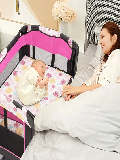 4-in-1 Folding Travel Cot & Cot & Changing Table & Playpen, 2 Levels Baby Bed Height Adjustable with Carry Bag, Mattress