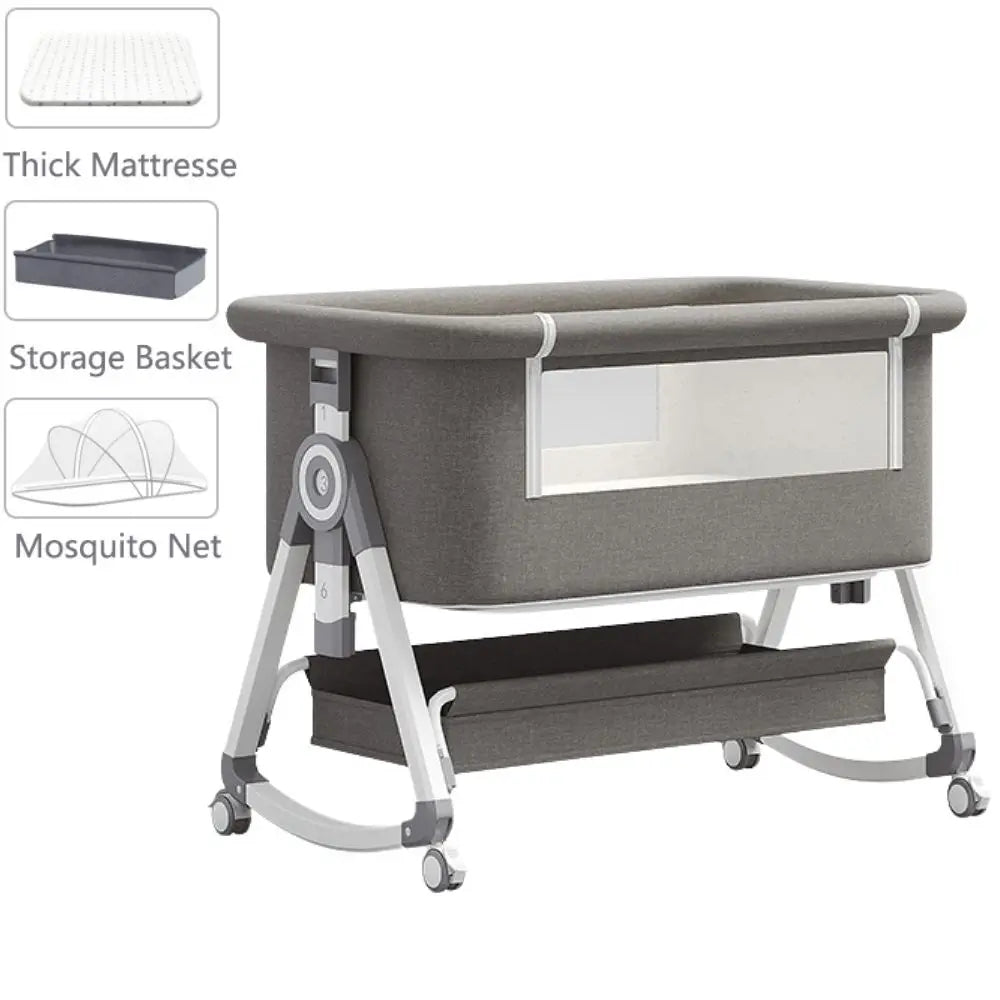 Portable Foldable Baby Crib 3-in-1 Adjustable Height with Rotatable Wheels Shaker Bassinet Mosquito Net Newborn Baby Bed