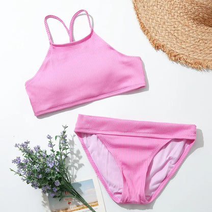 Maillots de bain pour filles TUONXYE, ensemble haut court à épaules dénudées et culotte à imprimé floral, bikini pour enfants, vêtements de plage