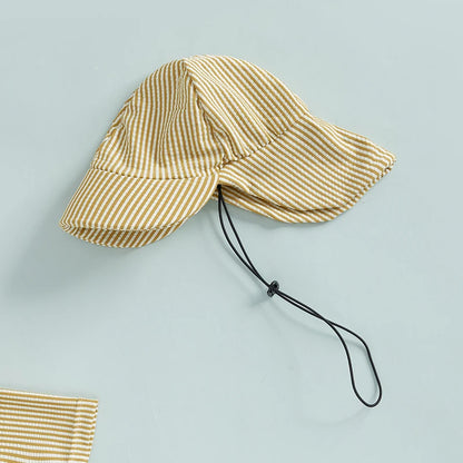 Maillots de bain d'été pour bébés garçons, imprimés rayés, fermeture éclair, col rond, manches courtes, combinaisons anti-éruption cutanée, chapeaux, maillots de bain