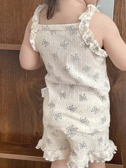 Ensemble de vêtements pour bébé, ensemble d'été pour petite fille, mignon nœud papillon, bretelles en dentelle + short, ensemble 2 pièces en coton confortable pour filles, ensemble pour nouveau-né