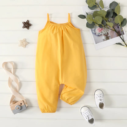 PatPat Salopette ample 100 % coton pour bébé fille, couleur unie, sans manches, bretelles spaghetti, sarouel, douce et confortable