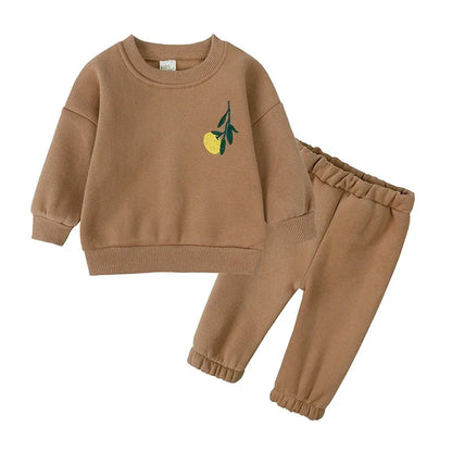 Ensemble de vêtements d'hiver pour bébé garçon et fille, sweat-shirt et pantalon en polaire épaisse brodée de fleurs, survêtement chaud pour enfant, tenue unisexe pour tout-petits, 2025