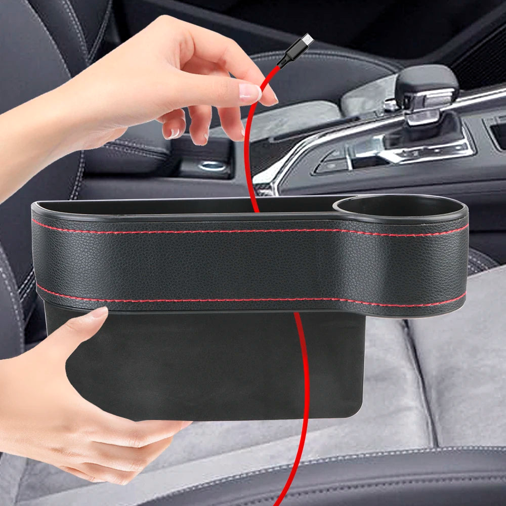 Car Organizer Seat Gap Slit Box With Charging Hole Leather Car Seat Gap Storage Box