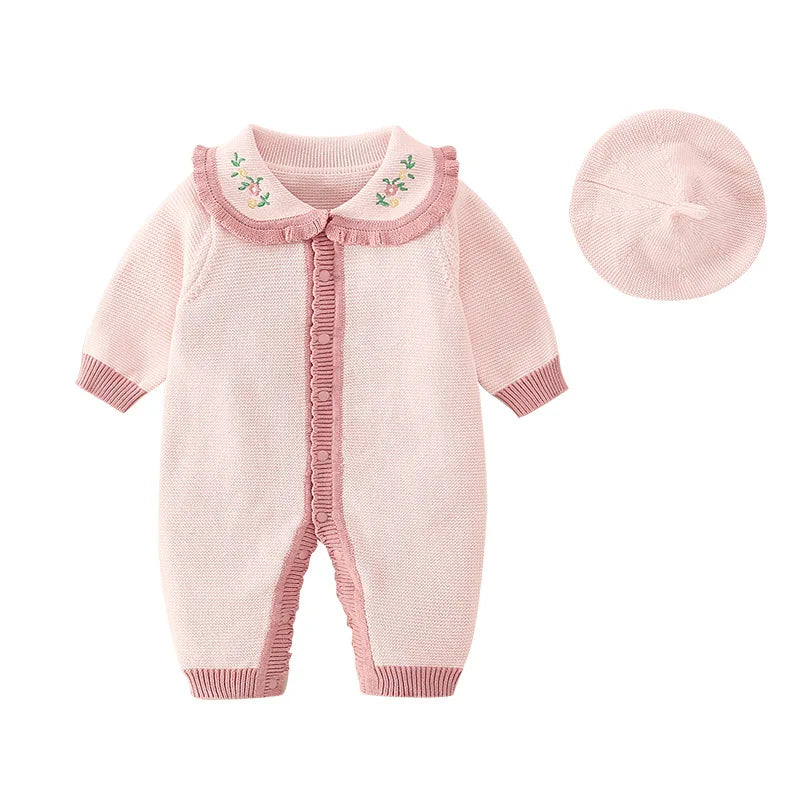 Barboteuse tricotée en coton à manches longues pour nouveau-né fille, col brodé, combinaison pour bébé fille, automne-hiver 2024