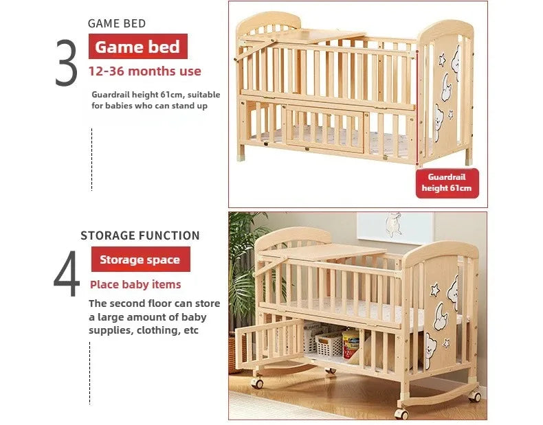 2025 New Baby Comfortable Sleeping Bed Solid Wood Newborn Baby Bed Multifunctional Baby Rocking Bed with Wheels and Mosquito Net