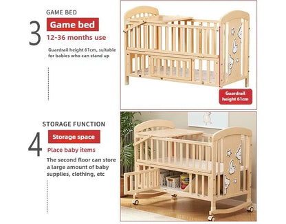 2025 New Baby Comfortable Sleeping Bed Solid Wood Newborn Baby Bed Multifunctional Baby Rocking Bed with Wheels and Mosquito Net