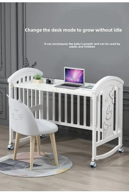 2025New Solid Wood Baby Crib Movable Splicing Bed Multifunctional Baby Rocking Bed Adjustable Guardrail Height with Mosquito Net