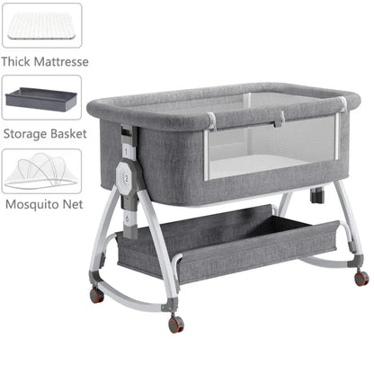Portable Foldable Baby Crib 3-in-1 Adjustable Height with Rotatable Wheels Shaker Bassinet Mosquito Net Newborn Baby Bed