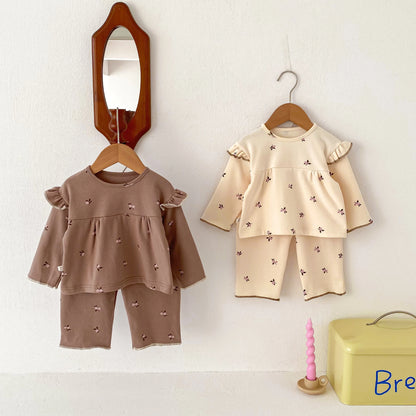 IG Fashion Vêtements pour nouveau-nés Pyjama pour bébé Garçon Fille Imprimé Cerise Manches Longues Chemise + Pantalon Vêtements de Nuit Ensemble Deux Pièces 0-2 ans