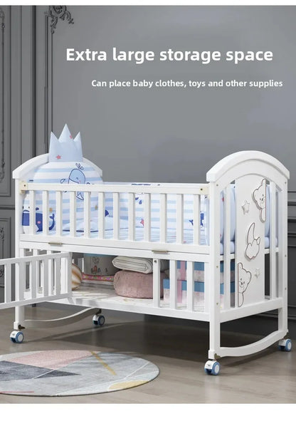 2025New Solid Wood Baby Crib Movable Splicing Bed Multifunctional Baby Rocking Bed Adjustable Guardrail Height with Mosquito Net