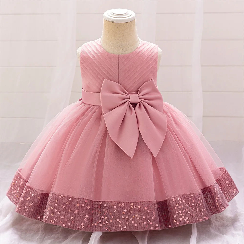 Robe de soirée à paillettes pour petite fille, tenue de bal de fin d'année, de mariage, de Noël, de 1er anniversaire, avec nœud, tenue de princesse en dentelle pour demoiselle d'honneur