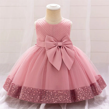Robe de soirée à paillettes pour petite fille, tenue de bal de fin d'année, de mariage, de Noël, de 1er anniversaire, avec nœud, tenue de princesse en dentelle pour demoiselle d'honneur