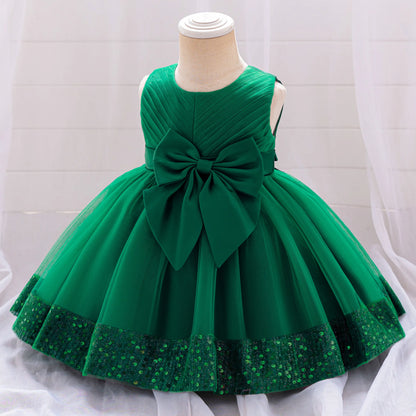 Robe de soirée à paillettes pour petite fille, tenue de bal de fin d'année, de mariage, de Noël, de 1er anniversaire, avec nœud, tenue de princesse en dentelle pour demoiselle d'honneur