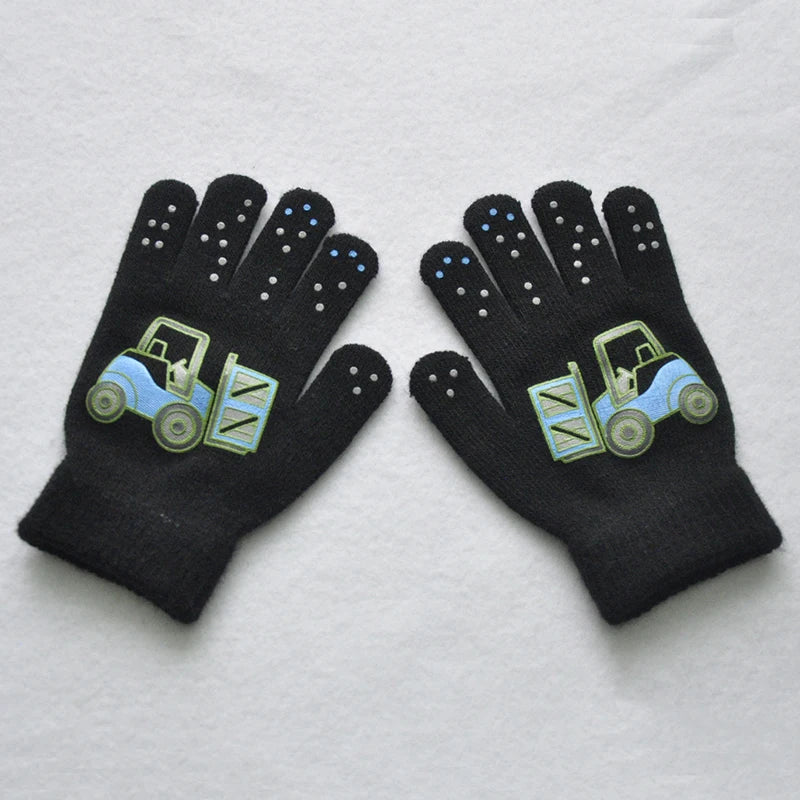5-11Y Children Cartoon Vehicle Plush Warm Gloves For Boys Girls Student Winter Knitted Mittens Outdoor Cycling Skiing Gloves New