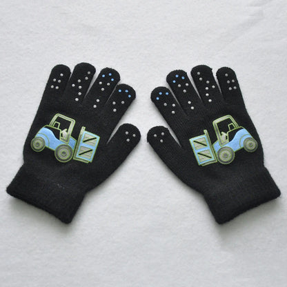 5-11Y Children Cartoon Vehicle Plush Warm Gloves For Boys Girls Student Winter Knitted Mittens Outdoor Cycling Skiing Gloves New